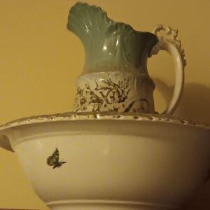 Elegant Green and Cream Ceramic Pitcher and Bowl Set